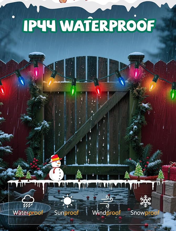 26Ft C7 LED Multicolor Christmas Lights Outdoor Vintage Christmas String Lights with 27 Clear Colored LED Bulbs Hanging Old Fashioned Xmas Decorations for Outside Holiday Party Garden Green Wire