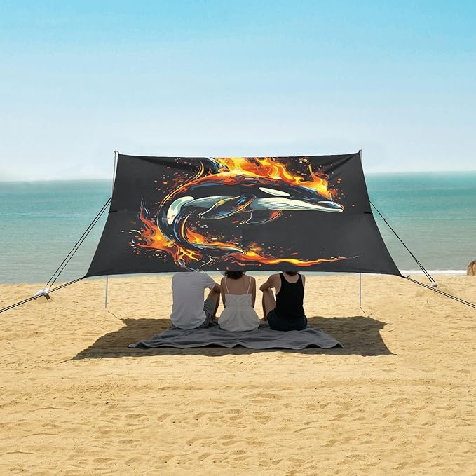 ALAZA Killer Whale Flame Beach Tent Sun Shelter UPF50+ Protection Beach Shade Canopy w/ 4 Sandbags for Outdoor Camping Fishing Backyard Fun Picnic 10x9 ft