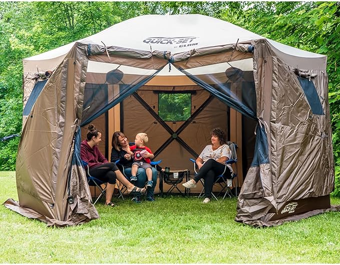 CLAM Pop Up Screen Tent Large Outdoor Camping Gazebo Canopy Pavilion 12.5' Brown - Foldable and Portable Screened Shelter with Netting for Beach Patio and Backyard