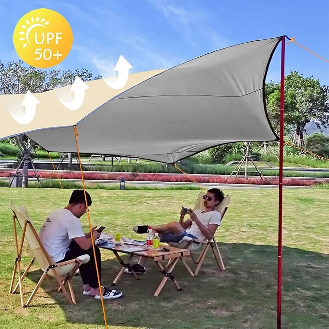 16x16 ft Large Camping Tarp Waterproof Hammock Rain Fly Camping Awning Khaki (Including Poles)