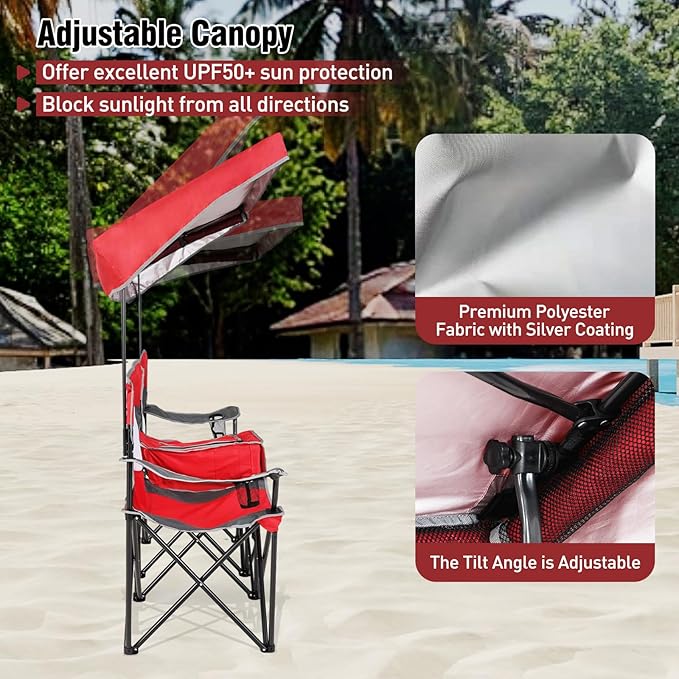 S AFSTAR Camping Chair with Canopy 2-Person Folding Beach Chair with Cup Holders 3-Side Shading Curtains &amp Cooler Bag Foldable Loveseat Lawn Chair for Camping Outdoor &amp Fishing (Red)