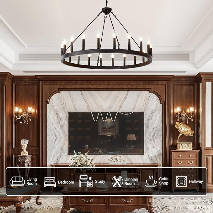 Black Wagon Wheel Chandelier 40 inch20-Light Farmhouse Wagon Wheel Chandeliers Round Industrial Ceiling Light fixtures for Porch high Ceilings Living Dining Room Foyer Entryway