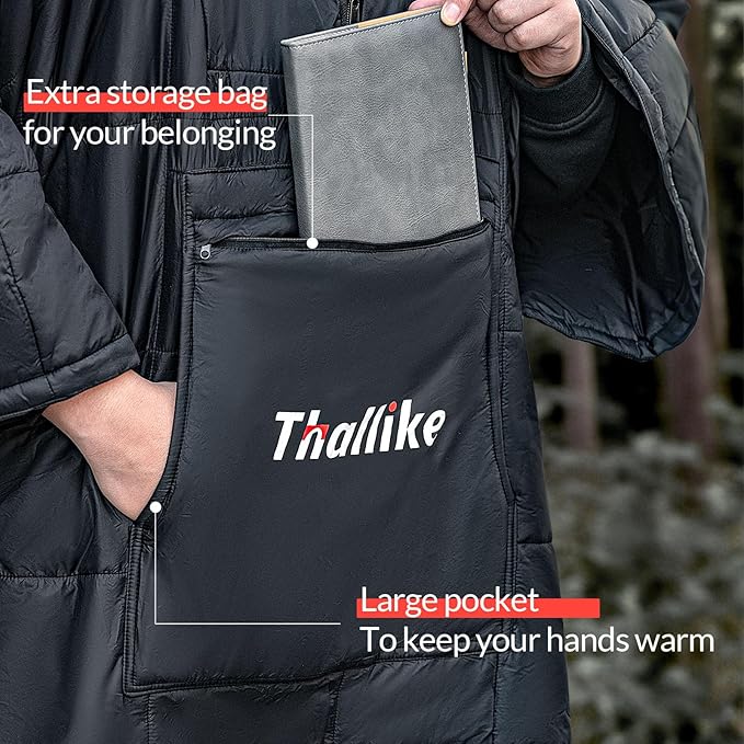 Camping Blanket with Zipper Pocket 85'' x 61'' Large Wearable Hooded Blanket Ultralight Warm Sleeping Bag Windproof Camping Poncho for Outdoor Stadium Sports Gaming Hiking Picnic Concerts