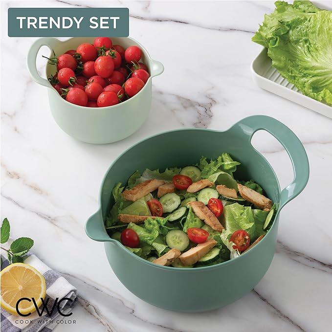 COOK WITH COLOR Nesting Plastic Mixing Bowl Set with Pour Spouts and Handles Sage 6 Piece Non-Slip