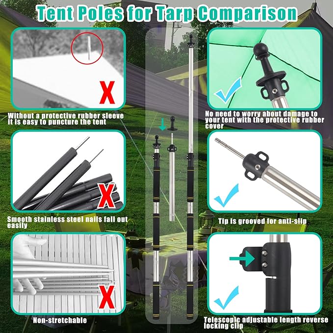Tarp PolesTent Poles Set of 2 2ft to 9.5ft Replacement Canopy Poles Heavy Duty Telescoping Tent Poles for Tarp Outdoor Camping Awning Poles Adjustable Sturdy Durable Shade Cloth Poles