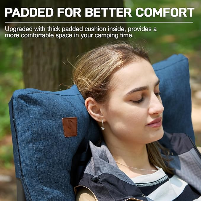 EVER ADVANCED Padded Oversized Folding Camping Chair for Adults Heavy Duty Lawn Chair with Side Pockets Portable Collapsible Quad Chair for Outside Support Up to 500lbs Blue
