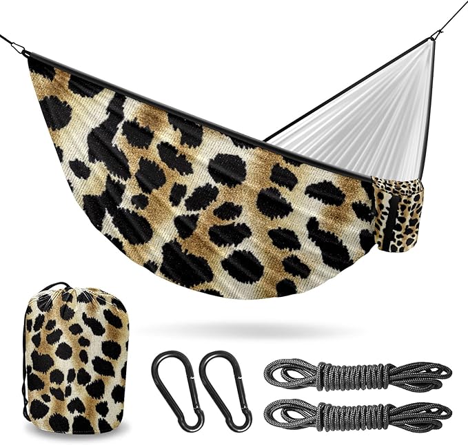Outdoor Camping Hammock Leopard Print Camouflage Color Double Single Hammocks with 2 Tree Straps Lightweight Portable Yet Heavy Duty Nylon Hammocks Travel Beach Backyard Patio Hiking