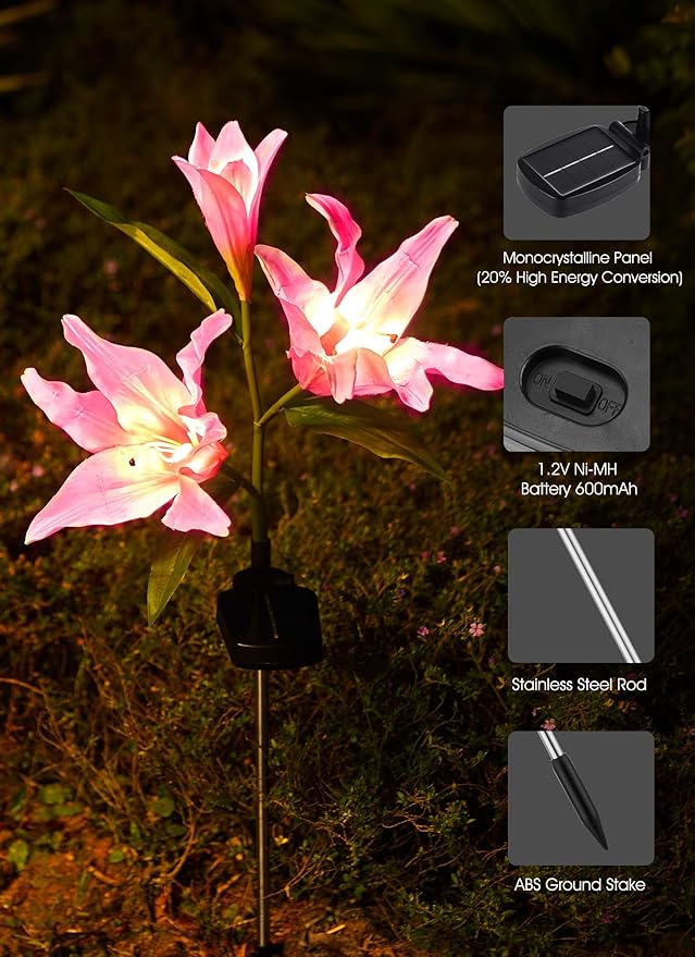 Brightown Solar Lights Outdoor 4 Pack Solar Garden Lights with Larger &amp More Realistic Lily Flowers Waterproof Outdoor Solar Lights for Yard Patio Lawn Pot Decoration