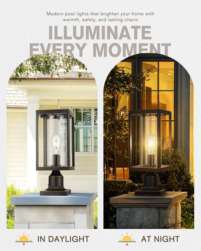 Beionxii Outdoor Post Lights 20in Post Lantern with Pier Mount Base Aluminum Street Lights with Glass Fence Post Deck Lighting for Garden Patio Pathway BXA291-P-2PK-O (NOT Solar 110-120V AC)