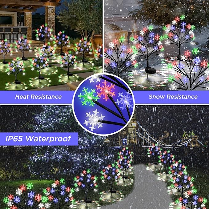 Multicolor Snowflakes Solar Pathway Lights for Christmas Decorations Outdoor - 2PACK 40LED Garden Stake Lights Waterproof Outdoor Snowflakes Solar Christmas Lights for Garden Yard Patio Xmas Decor