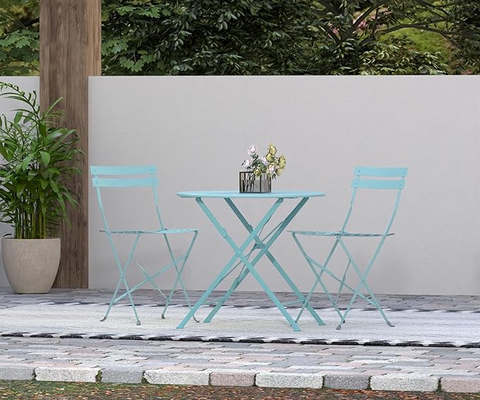 Carolina Chair &amp Table Bistro Set of 2 Foldable Outdoor Chairs - Elegant Powder Coated Metal Seat and Frame Folding Chairs - Modern Style Space Saving Furniture for Patio Balcony or Garden (Teal)