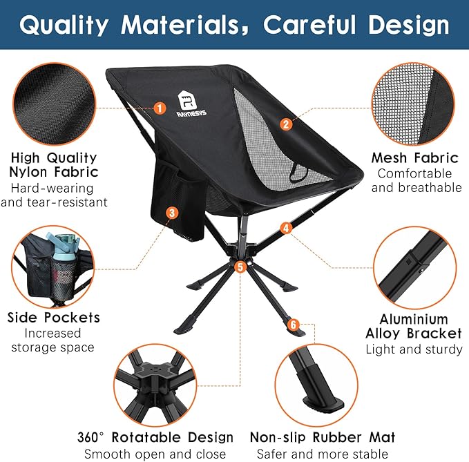 Portable Camping Chair 2 Pack 8 Seconds Quick Setup Folding Camping Chair Flexible 360° Rotation 3.8Lb Lightweight Travel Chairs for Easy Carry to Hiking Sporting Travel Beach
