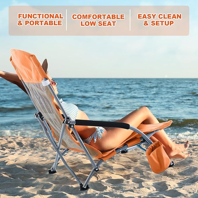 Huwena 2 Pack Beach Chair for Adult with 2 Umbrella Low Folding Chair Detachable Adjustable Lightweight with Armrests Cup Holder Carry Bag Portable for Sand Camping Travel Outdoor Pool (Orange)