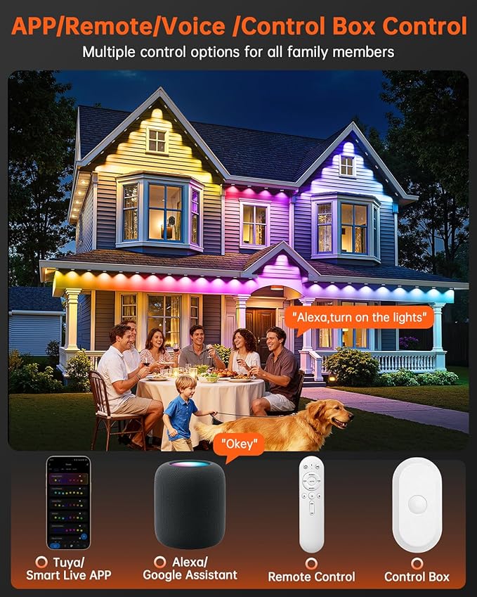 YAYZA! Permanent Outdoor Lights Pro100ft 72 LED Smart RGB+IC+Warm/Cool White Christmas Eave Lights 135lm Music Sync &amp DIY Scenes IP67 Waterproof for Outside Decor Works with AlexaGoogle Remo