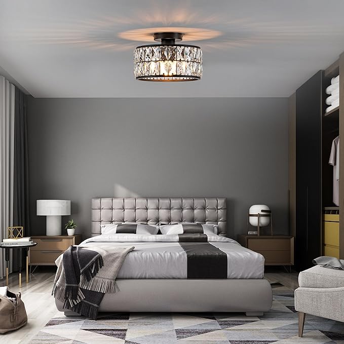 Crystal Ceiling Light Modern Flush Mount Ceiling Light Black Crystal Chandelier for Kitchen Bedroom Bathroom Entryway Hallway 1 Light