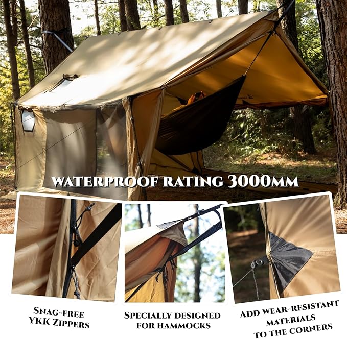 Hammock Hot Tent with Stove Jack and Double-Sided mesh Windows - Spacious Versatile Wall Tent with Snow Skirt(No Poles)-Waterproof &amp Windproof Ideal for Camping Backpacking Hiking