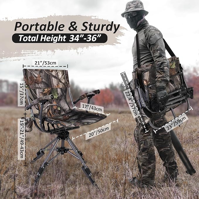 REDCAMP 360° Swivel Hunting Chair with Adjustable Feet for Ground Blinds Portable Folding Camo Camping Chairs for Adults Hunting Seats with Hard Arms for Fishing Camping
