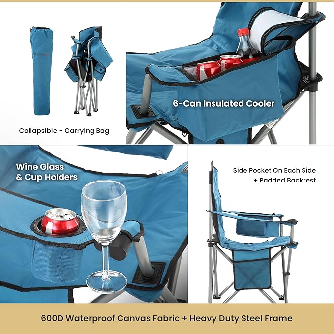 ARROWHEAD OUTDOOR Heated Camping Chair – Heavy-Duty Portable Folding Chair with 3 Heat Modes 6-Can Cooler Cup &amp Wine Glass Holder – Supports 330lbs