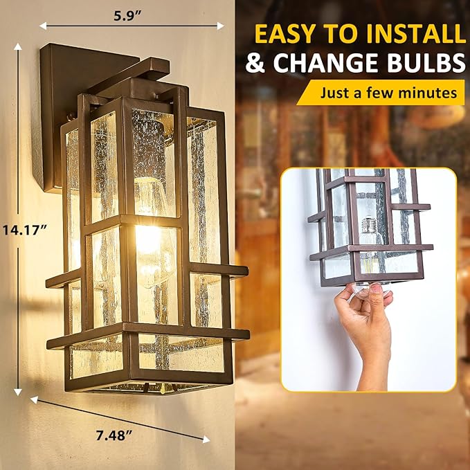 Outdoor Wall Light Fixture with Seeded Tempered Glass Waterproof Outside Wall Coach Lantern with E26 Sockets Brown Large Porch Sconces Lamp for House Patio Garage