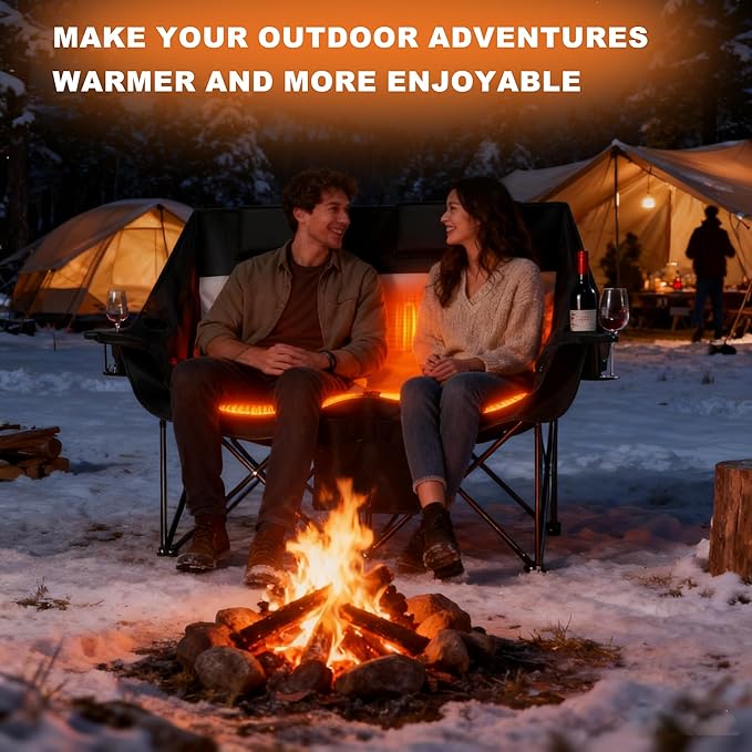 Heated Double Camping ChairDual Control SwitchesHeated Camping Chair with 3 Heat Levels Heated Folding Chair Supports 550 lbs for Outdoor Sports Lawn Picnics