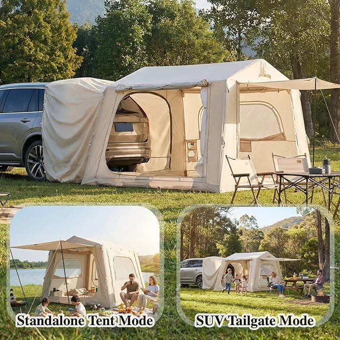 Inflatable SUV Tent for Camping 4–6 Person Air Tent with Pump 5 Min Easy Setup Blow Up Tent PU3000 Waterproof Oxford 4 Season Glamping Tent Standalone Car Camping Shelter