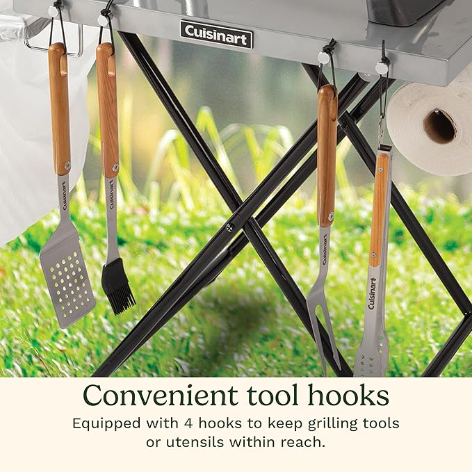 Cuisinart Fold ‘n Go Prep Table Portable Folding Table and Grill Stand with Tool hooks Trash Bag Holder Paper Towel Rack 24” x 20” Steel Food Prep Station Perfect for BBQs Tailgates and Camping