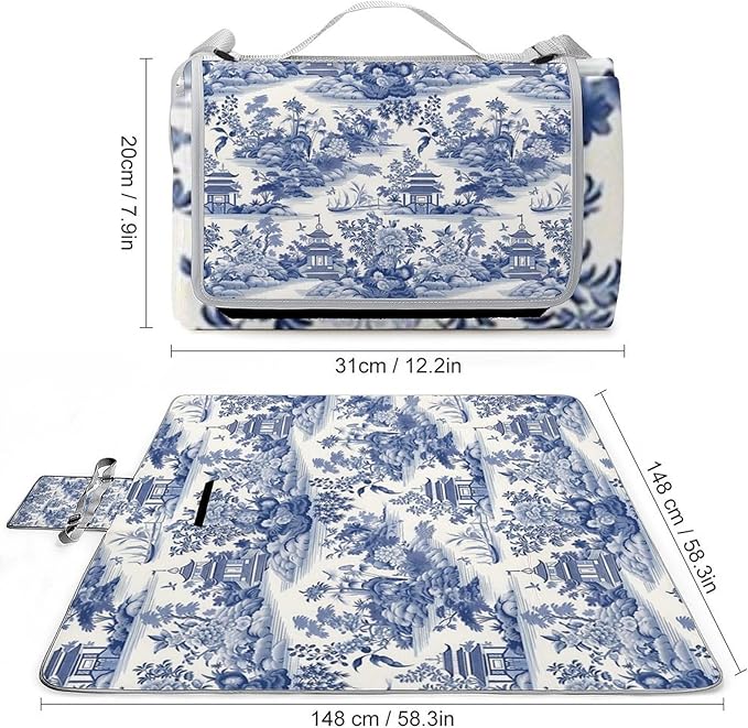 Blue and White Chinese Style Chinoiserie Folk Waterproof Outdoor Picnic Blanket Sandproof Beach Mat for Camping Hiking Grass Travelling