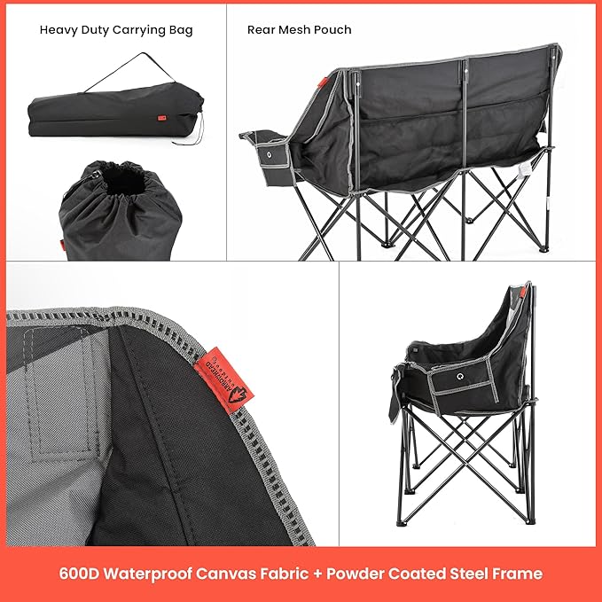 ARROWHEAD OUTDOOR 57 Wide Duo Foldable Heated Camping Loveseat Chair with 3-Stage Heating Large Cup Holders Glass Holders Side Pockets and Storage Pouches