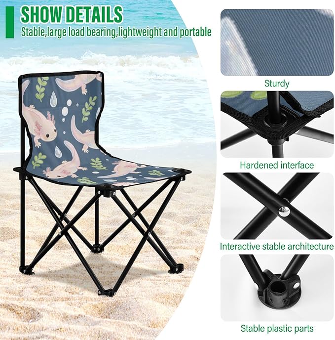 Foldable Camping Chairs for Adults Axolotl on Dark Blue Compact Folding Chair Backpacking Includes Carry Bag