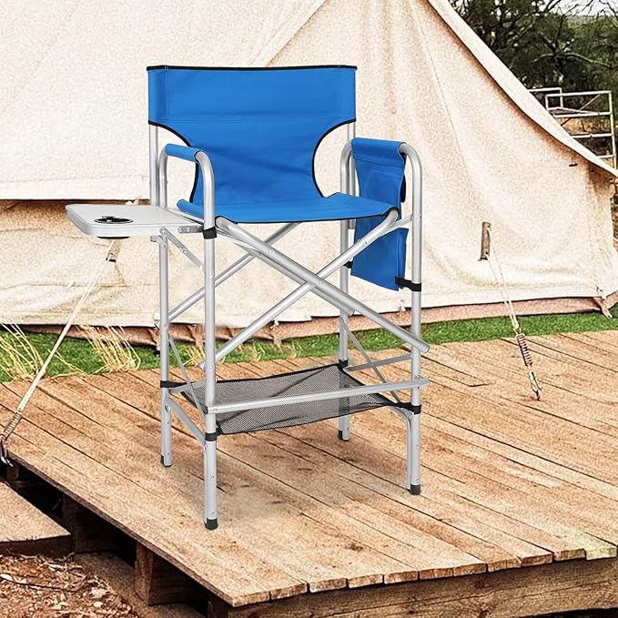 ABCCANOPY Folding Tall Directors Chair Outdoor Camping Chair Makeup Artist Chair with Side Table &amp Pockets Royal Blue