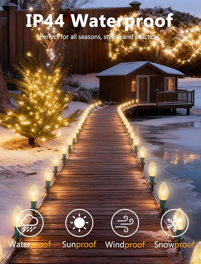C9 Christmas Pathway Lights Outdoor 38Ft Outside Christmas Decorations with 25 7W Clear Bulbs and Stakes Waterproof Walkway String Lights for Outside Driveway Sidewalk Yard Path Holiday Xmas Decor