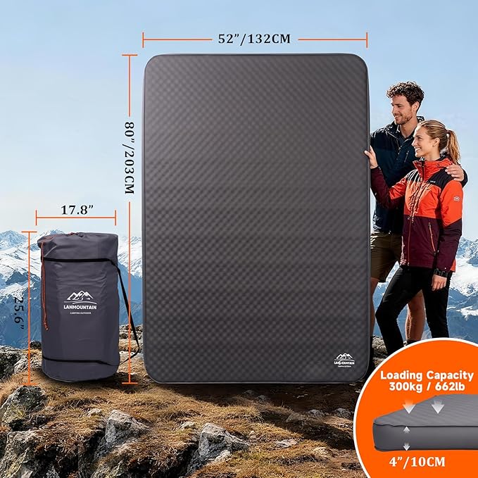 Self Inflating Sleeping PadDouble Camping Mattress w/Detachable Electric Pump4 - Inch Thick Memory Foam for Ultimate Comfort Suitable for FamilyOutdoorRoad Trip4 - Season UseGray