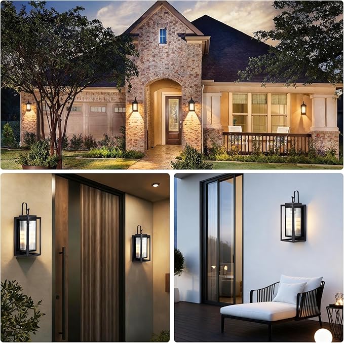 2 Pack Outdoor Wall Lights for House Exterior 18 Inch Large Black Modern Lantern with Dual Metal Frame &amp Textured Glass IP65 Waterproof (Bulbs Included)