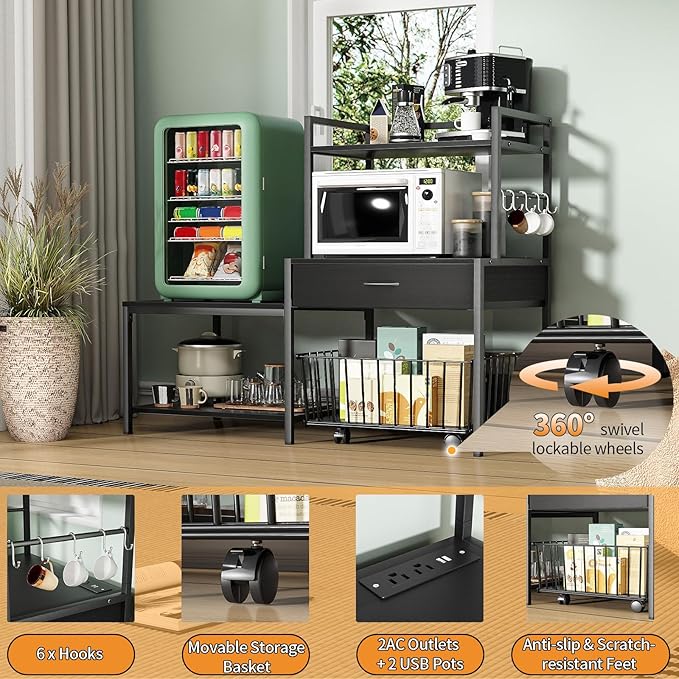 Bakers Rack with Mini Fridge Stand &amp Microwave Shelf – Coffee Bar with Drawer Rolling Basket Storage &amp Hooks – Heavy Duty Kitchen Organizer for Apartments Dorms &amp Living Rooms Black
