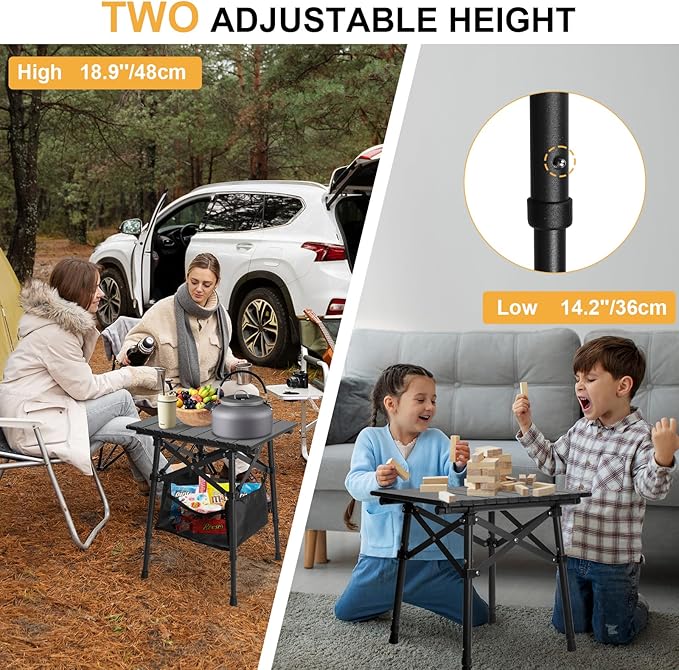 Folding Camping Table - Small Outdoor Table with Storage Bag - Adjustable Height 14.2'' &amp 18.9'' Portable Lightweight Aluminum Foldable Side Table for Picnic BBQ Beach &amp Tailgating (Small)