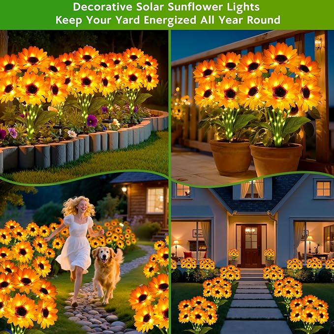 Solar Sunflower Lights Outdoor Garden Decor 4 Pack Solar Flowers Lights with 18 Sunflowers Waterproof Fall Decor Stake Decorative Light Auto ON/Off for Garden Yard Patio Gift for Women