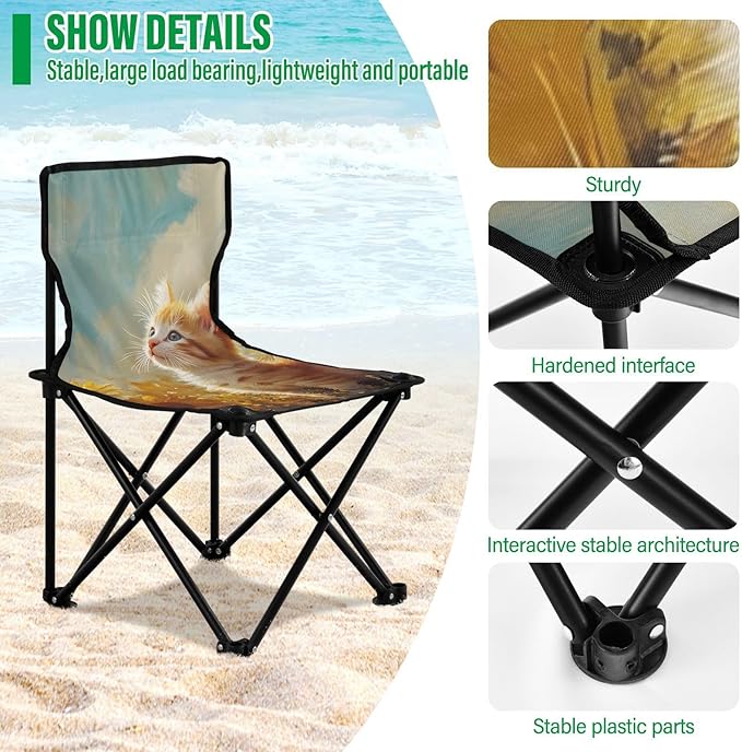 Heads-up Cat Portable Camping Chairs Folding Chair - Durable Oxford Fabric Lightweight Iron Frame Easy Fold Design - Ideal for Outdoor Activities Camping Fishing and Travel