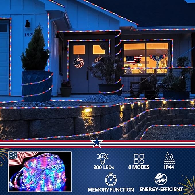 YEGUO Solar Christmas Light Outdoor Waterproof 66ft 200 LED Red White and Blue Rope Lights 8 Modes Tube String Lights in Clear Thin Tube