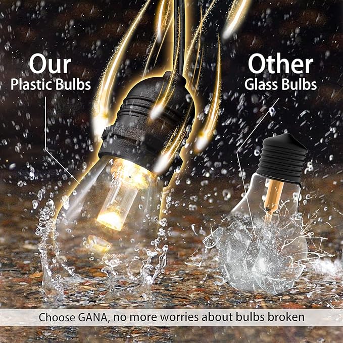 GANA Outdoor String Lights Patio Lights 48FT Music Flash RGBW Colourful Safe 12V Low Voltage LED Shatterproof Bulbs Connectable Heavy Duty Wire IP65 Waterproof Level for Courtyards Cafe Bistro