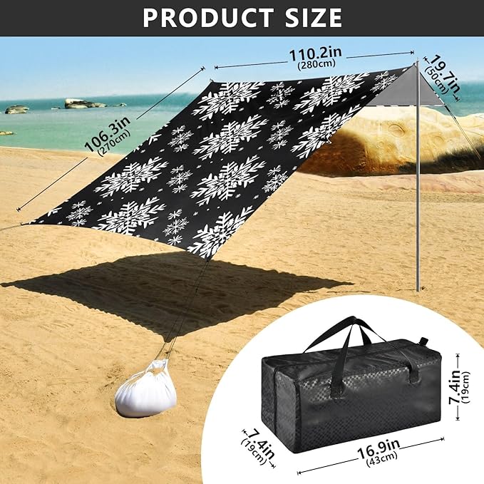 ALAZA Snowflake Snow Beach Tent Sun Shelter UPF50+ Protection Beach Shade Canopy w/ 4 Sandbags for Outdoor Camping Fishing Backyard Fun Picnic 10x9 ft