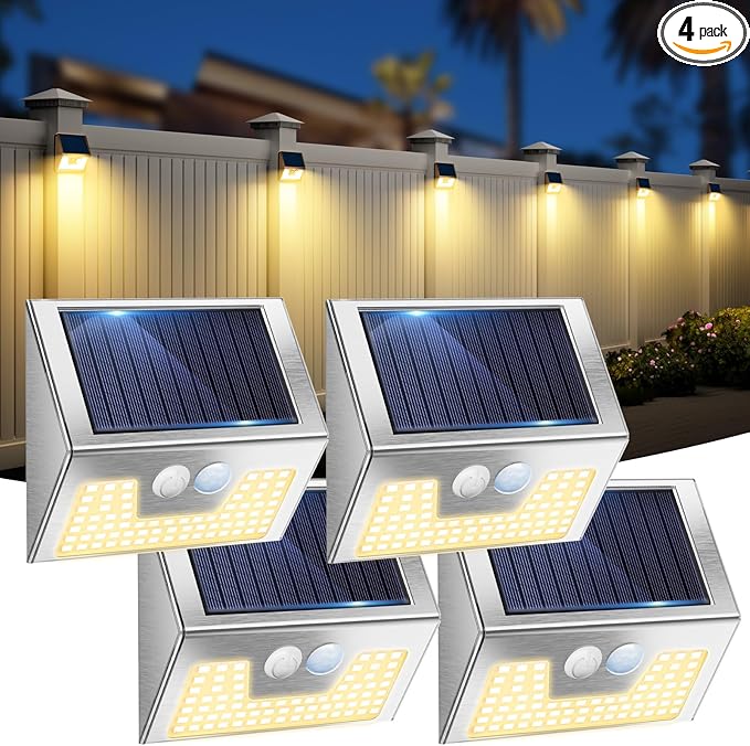 4 Pack Solar Lights Outdoor Motion Sensor Waterproof Fence Lights 3 Lighting Mode Warm White LED Outside Light Wireless for Fence Wall Yard Steps Stairs Garden -Stainless Steel