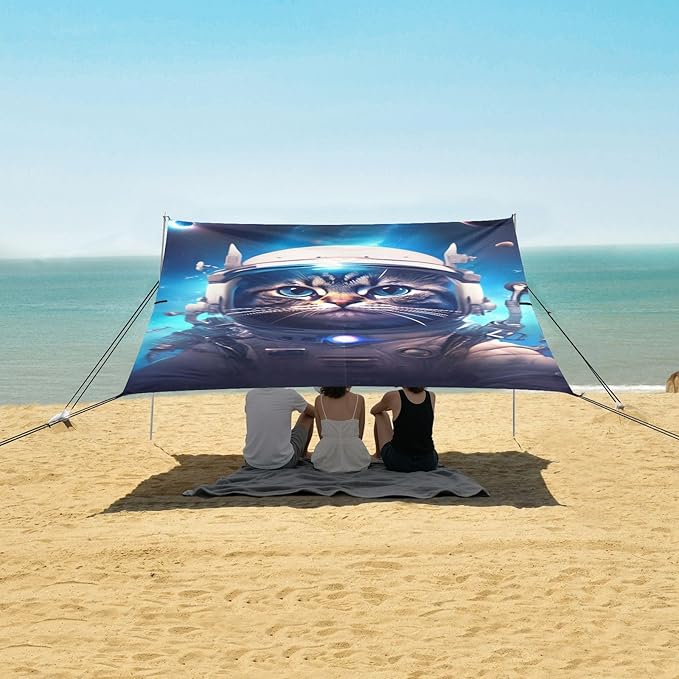 Camping Sun Shelters Beautiful Cat in Outer Space Beach Canopy 126 * 110.2in