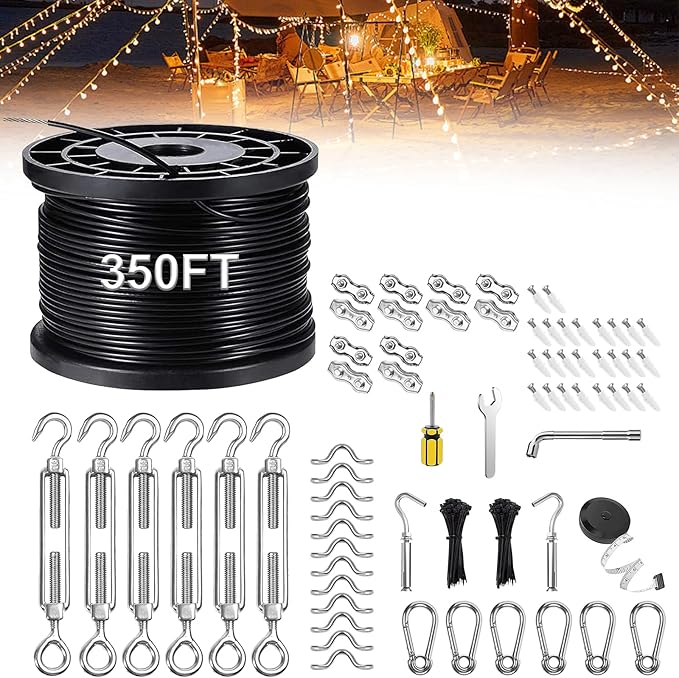 Upgraded Outdoor String Light Hanging Kit 350ft Globe String Light Suspension Kit w/Expansion Hook Stainless Steel 304 String Light Guide Wire Black Guy Wire kit for Wedding Dinner Barbecue