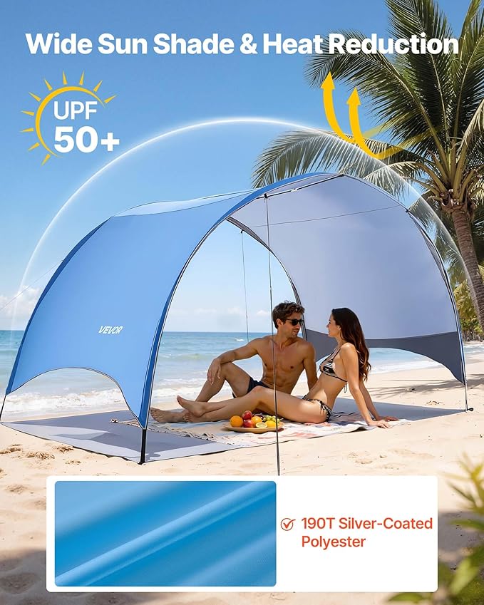 VEVOR Beach Tent Sun Shelter for 4 Person UPF 50+ Portable Sun Shade Beach with Carrying Bag &amp Ground Stakes Lightweight and Easy Setup Beach Umbrella for Camping Fishing Outdoor Picnic