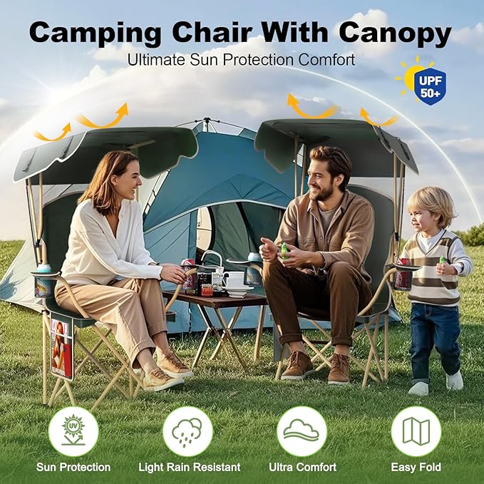 Portable Camping Chair with Canopy - Folding Chair with Canopy Durable 600D Oxford Canopy Chair for Camping Beach Picnics Fishing &amp Sports