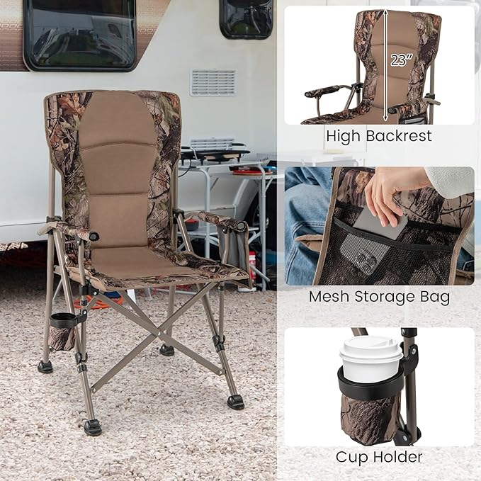 Tangkula Folding Camping Chair Portable Camp Chair with Padded Seat Cup Holder Storage Pocket Outdoor Lawn Chair with Carrying Bag for Fishing Picnic Travel No Assembly Needed