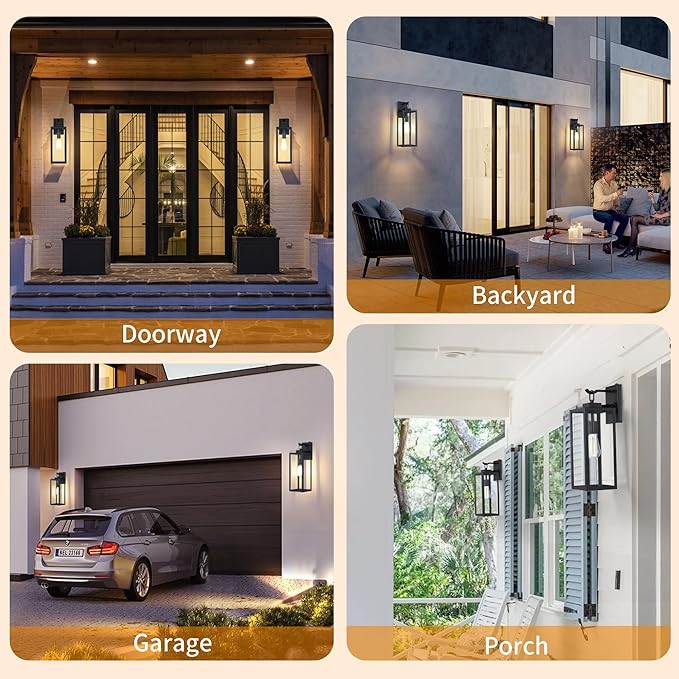 GRUENLICH Dusk to Dawn Outdoor Wall Light Fixtures 18 Inch Black Exterior Waterproof Porch Sconce Lighting E26 Socket &amp Tempered Glass Double Extra Large Size Wall Lantern for Patio Garage 1-P