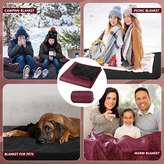 Preboun 4 Pack Large Waterproof Stadium Blankets Thick Warm Fleece Picnic Camping Blankets for Cold Weather Football Games Concerts Beach Outdoor Activities Homeless Donations(Dark Red)