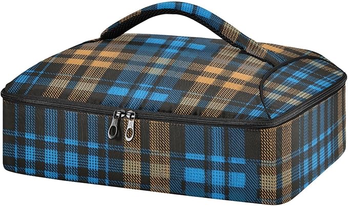Casserole Carrier Blue and Brown Tartan Pattern Insulated Casserole Carrier for Hot or Cold Food Thermal Lunch Tote for Parties Picnic Travel Carry Bag