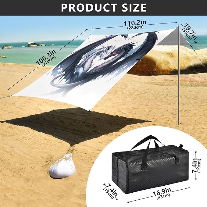 Beach Tent Sun Shelter Black-White Dragons Lightweight &amp Easy Setup Beach Shade Canopy for Camping Fishing